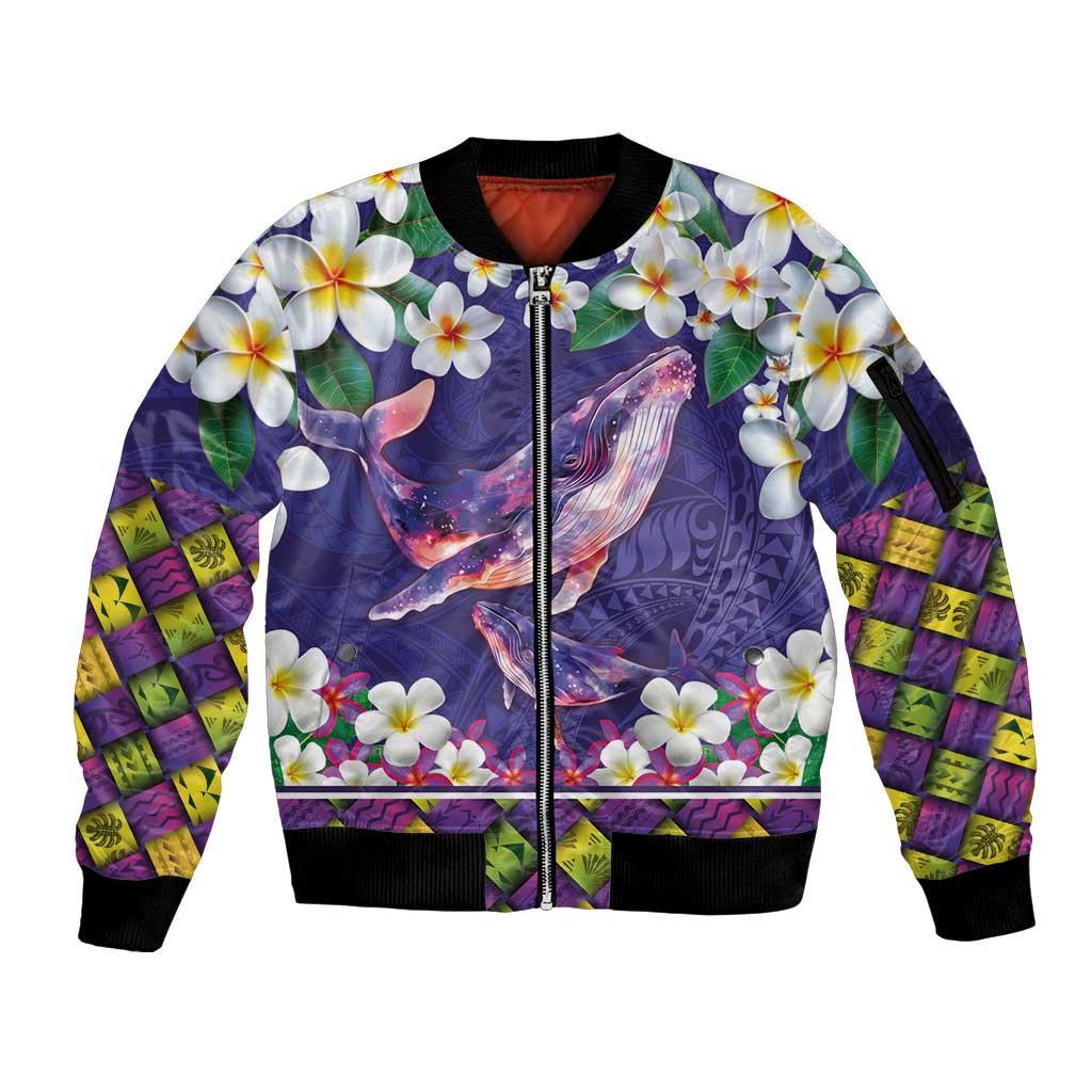 Hawaiian Plumeria and Humpback Whales Sleeve Zip Bomber Jacket Polynerian Art Tattoo-Navy Color
