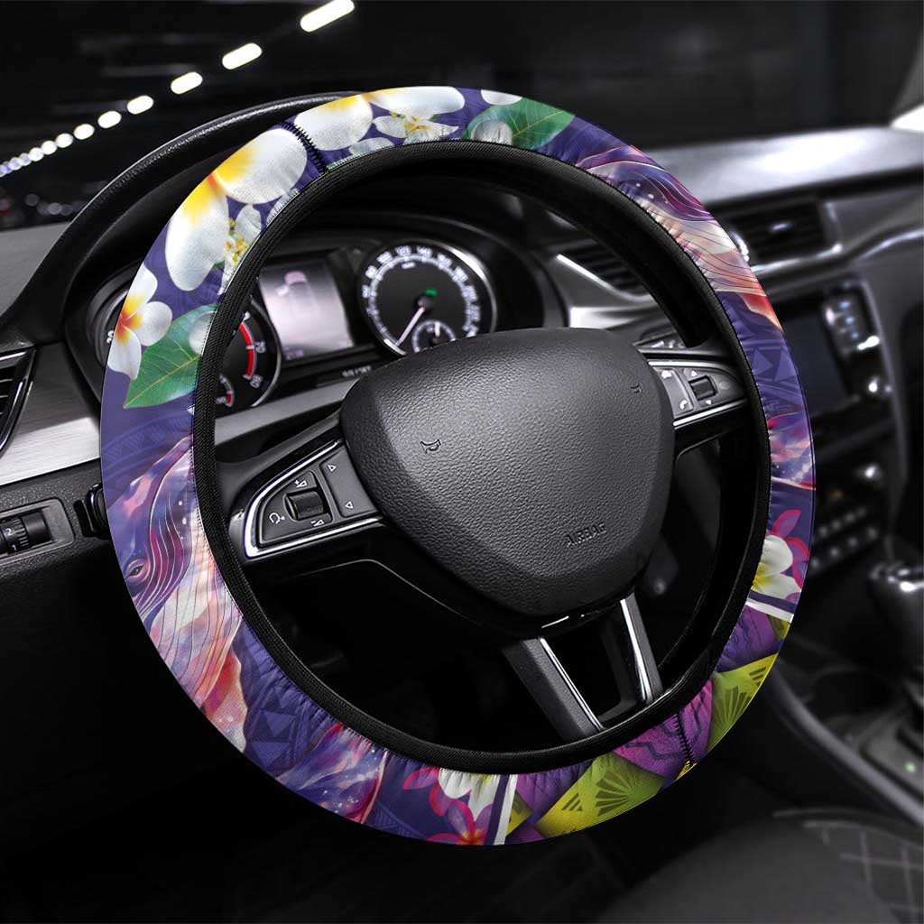 Hawaiian Plumeria and Humpback Whales Steering Wheel Cover Polynerian Art Tattoo-Navy Color