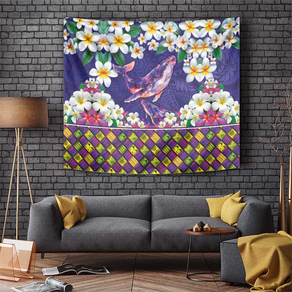 Hawaiian Plumeria and Humpback Whales Tapestry Polynerian Art Tattoo-Navy Color LT03 Navy - Polynesian Pride