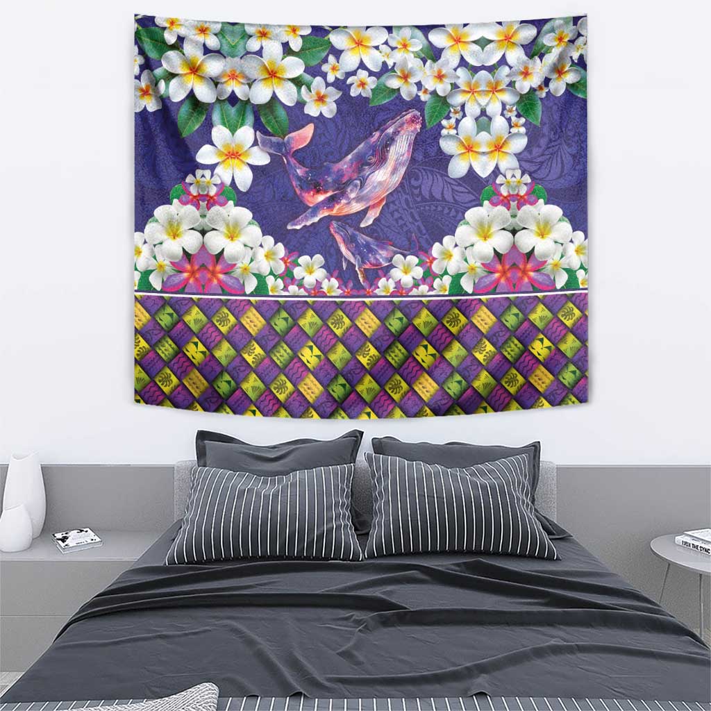 Hawaiian Plumeria and Humpback Whales Tapestry Polynerian Art Tattoo-Navy Color LT03 - Polynesian Pride