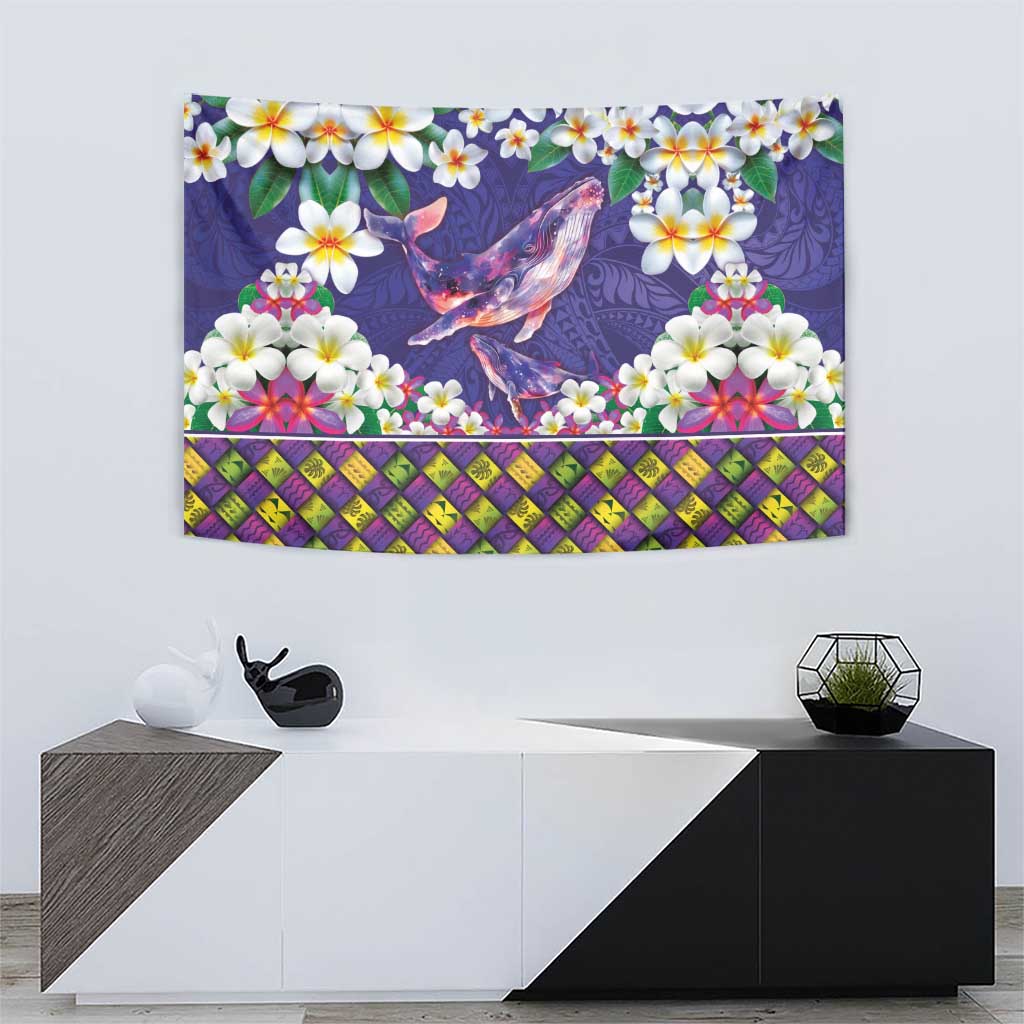 Hawaiian Plumeria and Humpback Whales Tapestry Polynerian Art Tattoo-Navy Color LT03 - Polynesian Pride