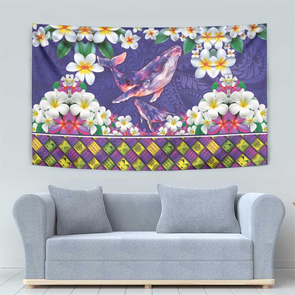 Hawaiian Plumeria and Humpback Whales Tapestry Polynerian Art Tattoo-Navy Color LT03 - Polynesian Pride