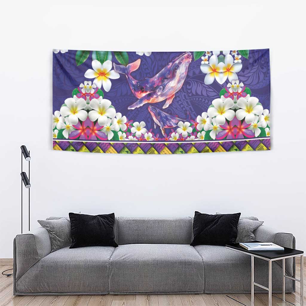 Hawaiian Plumeria and Humpback Whales Tapestry Polynerian Art Tattoo-Navy Color LT03 - Polynesian Pride