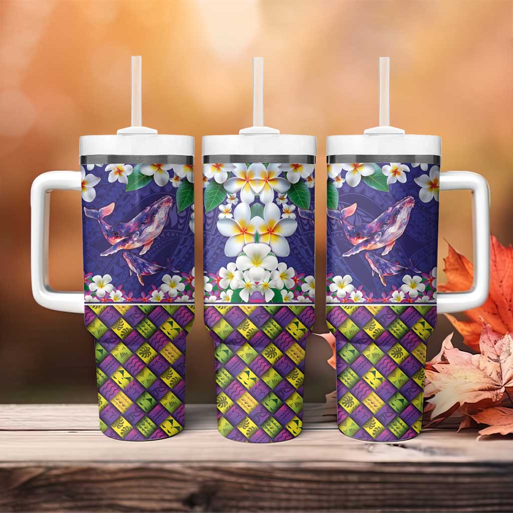 Hawaiian Plumeria and Humpback Whales Tumbler With Handle Polynerian Art Tattoo-Navy Color