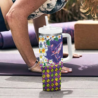 Hawaiian Plumeria and Humpback Whales Tumbler With Handle Polynerian Art Tattoo-Navy Color
