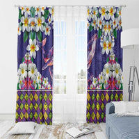 Hawaiian Plumeria and Humpback Whales Window Curtain Polynerian Art Tattoo-Navy Color