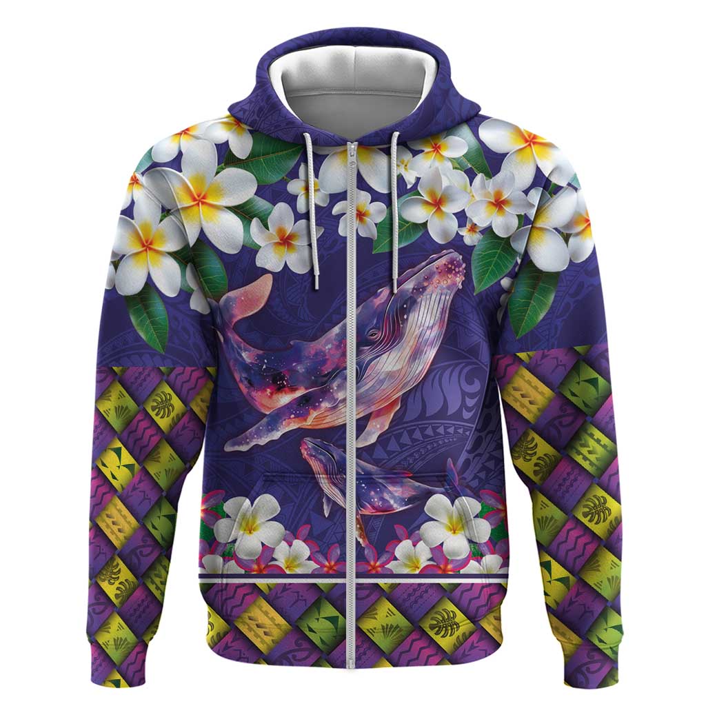 Hawaiian Plumeria and Humpback Whales Zip Hoodie Polynerian Art Tattoo-Navy Color