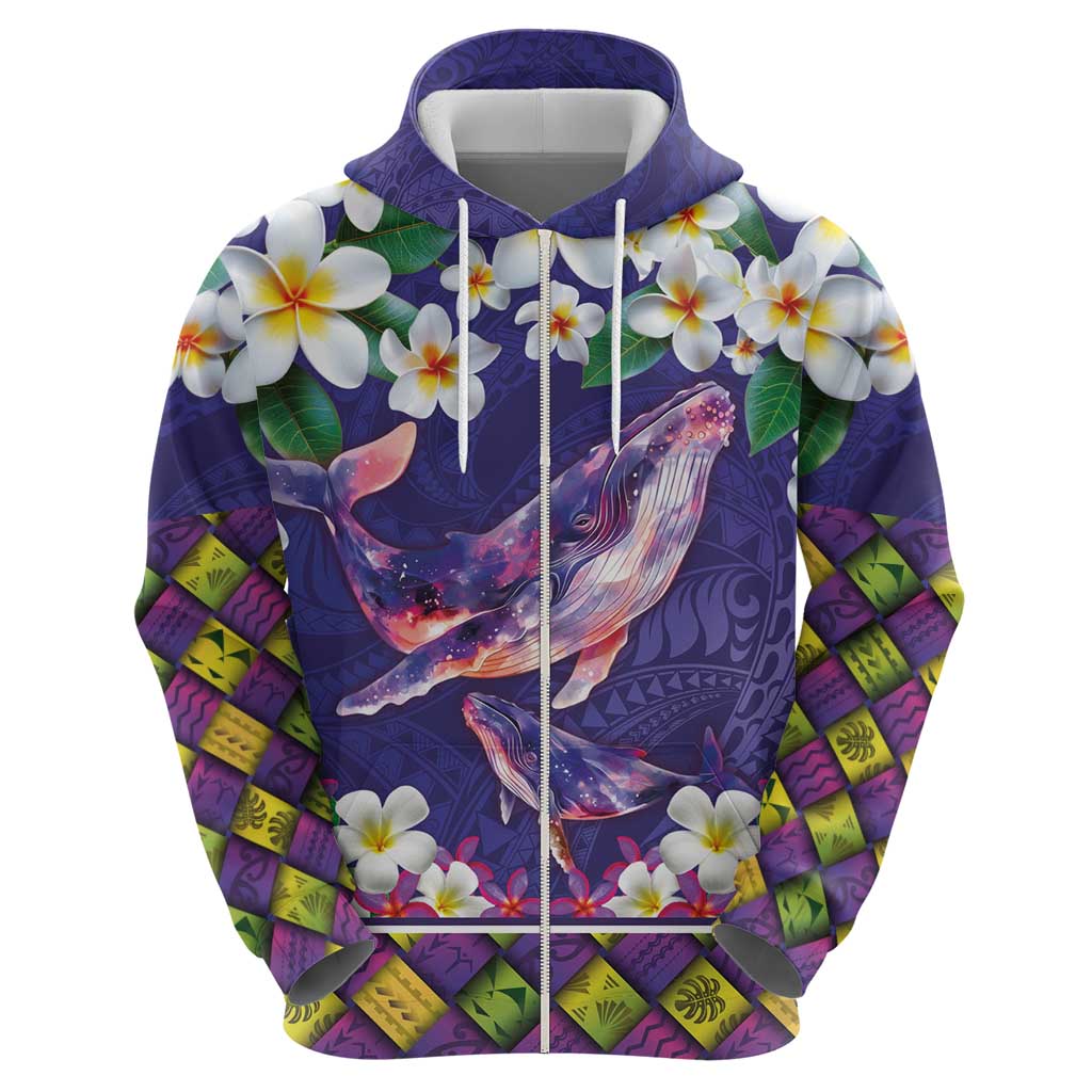 Hawaiian Plumeria and Humpback Whales Zip Hoodie Polynerian Art Tattoo-Navy Color