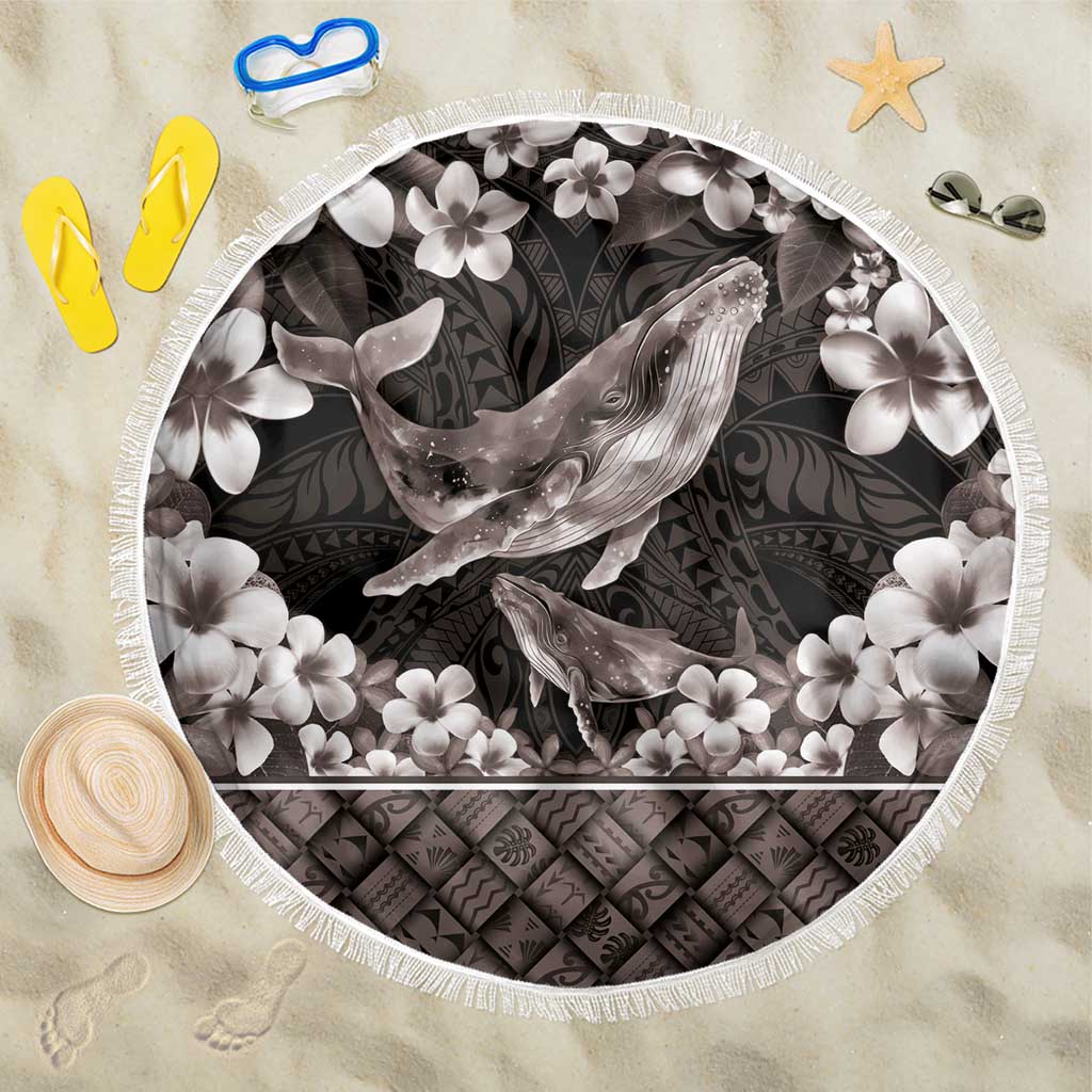 Hawaiian Plumeria and Humpback Whales Beach Blanket Polynerian Art Tattoo-Grayscale Mode