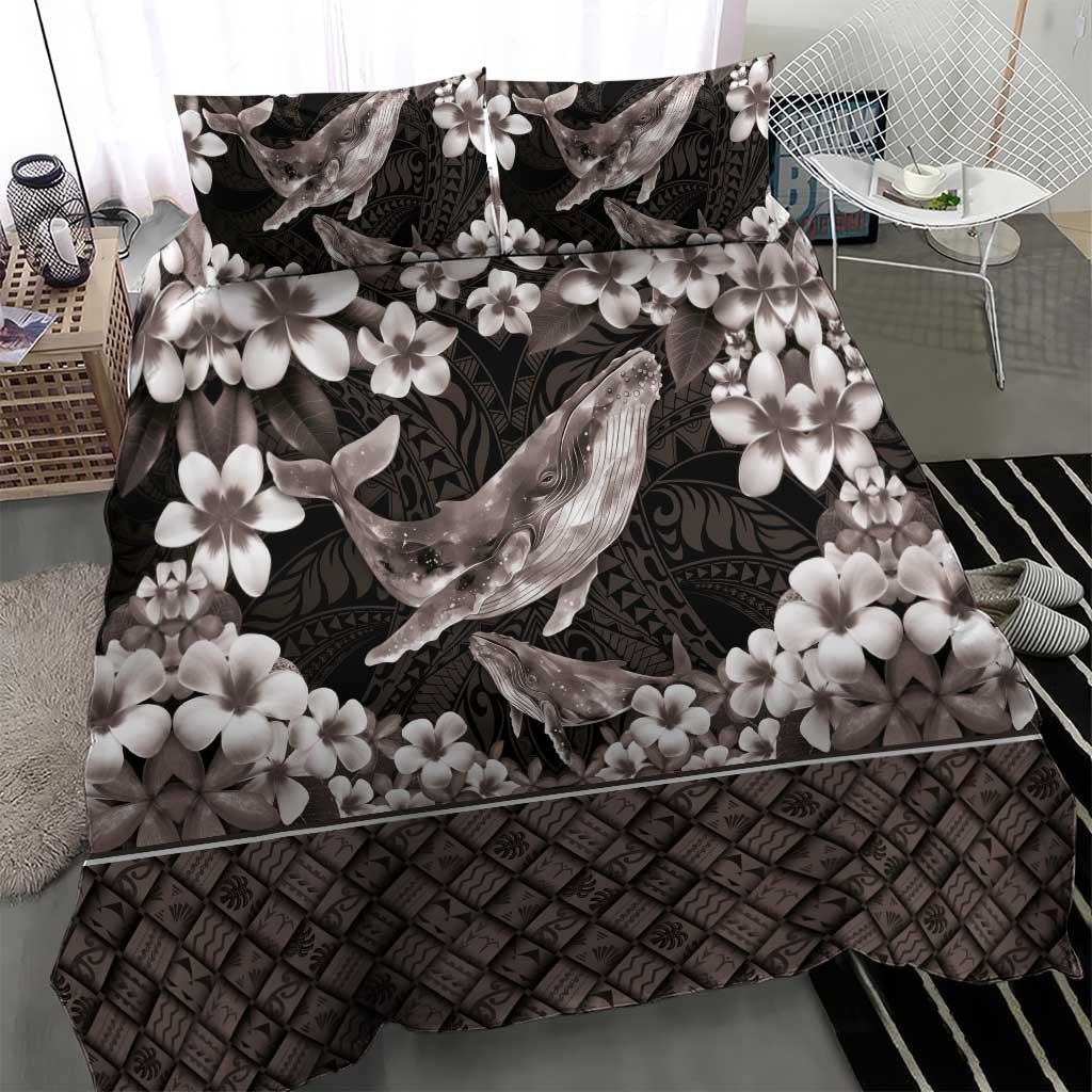 Hawaiian Plumeria and Humpback Whales Bedding Set Polynerian Art Tattoo-Grayscale Mode LT03 - Polynesian Pride