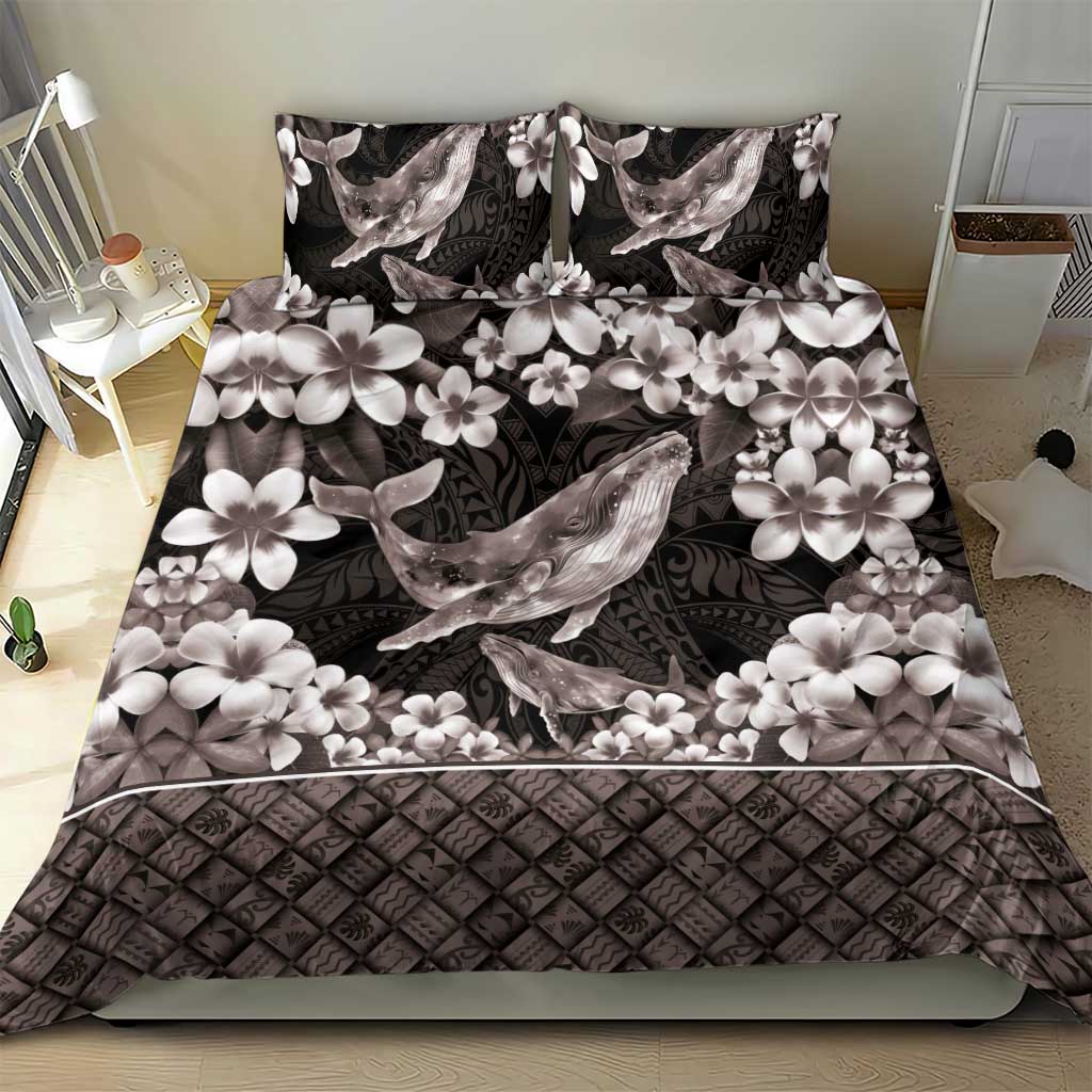 Hawaiian Plumeria and Humpback Whales Bedding Set Polynerian Art Tattoo-Grayscale Mode LT03 - Polynesian Pride