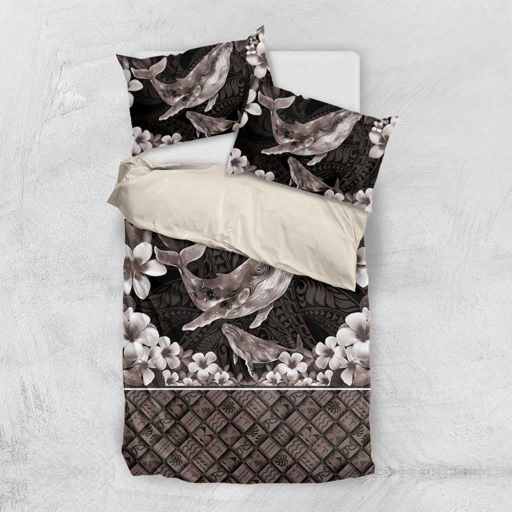 Hawaiian Plumeria and Humpback Whales Bedding Set Polynerian Art Tattoo-Grayscale Mode LT03 US Twin 172cm x 218cm Black - Polynesian Pride