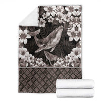 Hawaiian Plumeria and Humpback Whales Blanket Polynerian Art Tattoo-Grayscale Mode