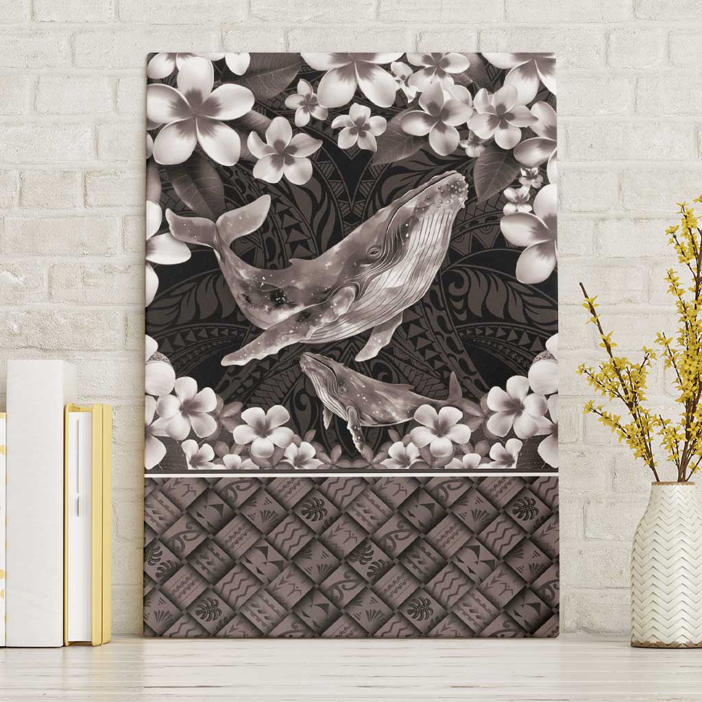 Hawaiian Plumeria and Humpback Whales Canvas Wall Art Polynerian Art Tattoo-Grayscale Mode