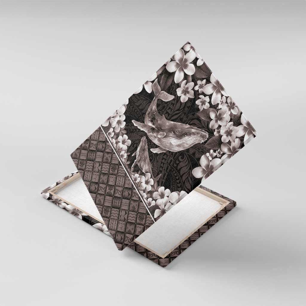 Hawaiian Plumeria and Humpback Whales Canvas Wall Art Polynerian Art Tattoo-Grayscale Mode