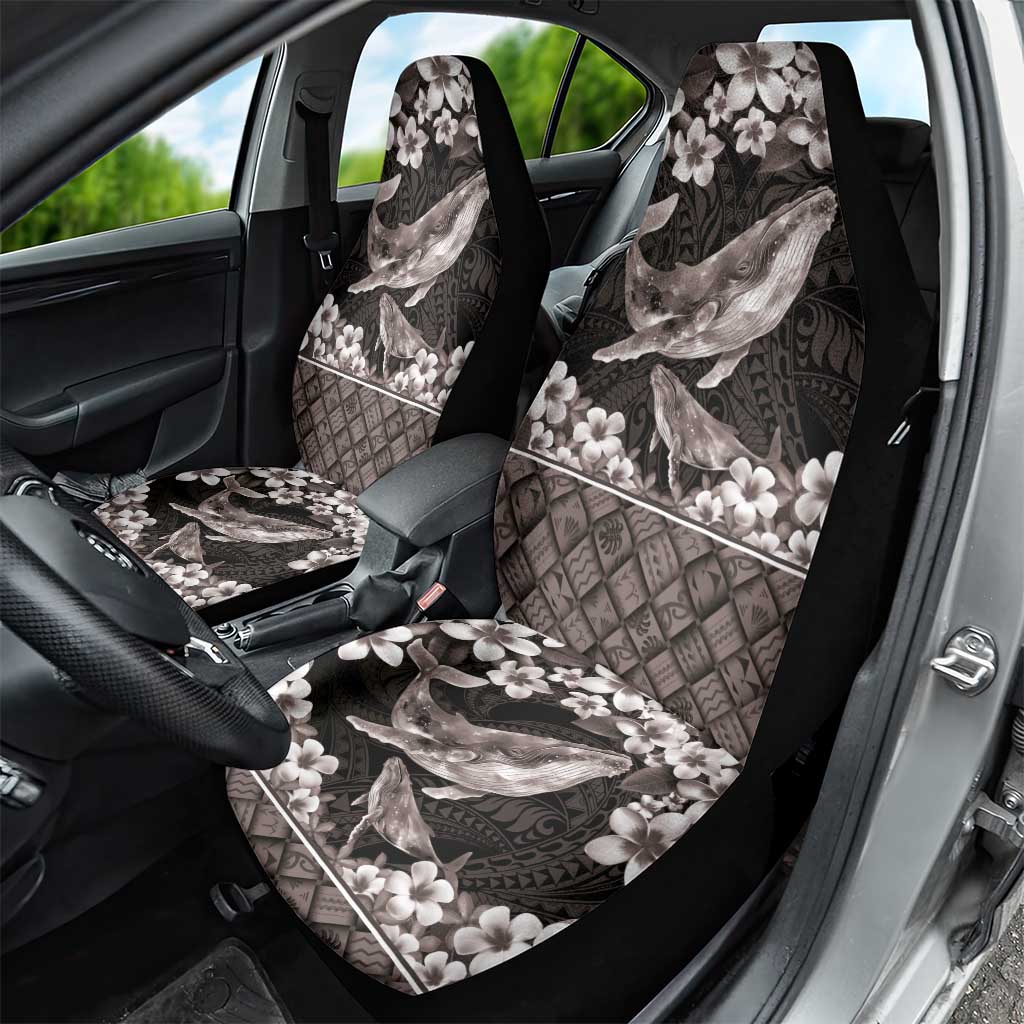 Hawaiian Plumeria and Humpback Whales Car Seat Cover Polynerian Art Tattoo-Grayscale Mode