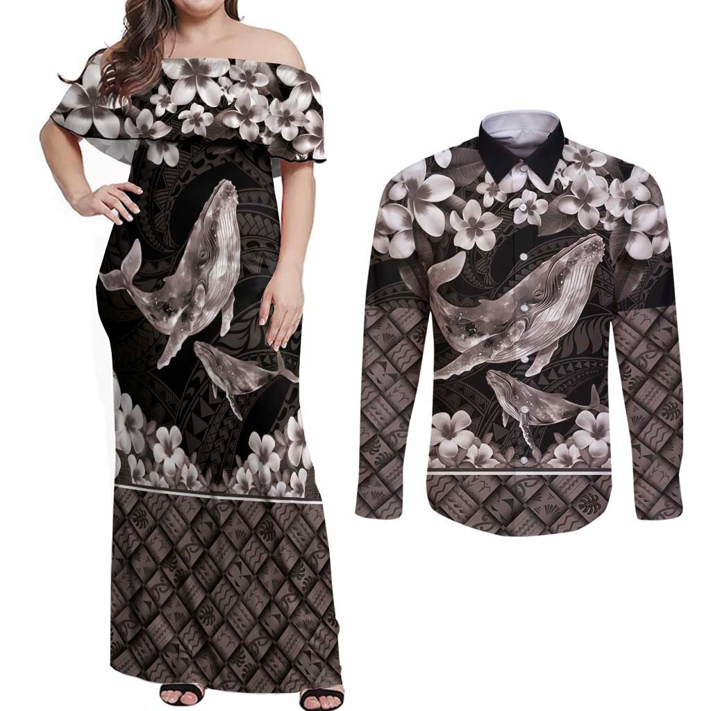 Hawaiian Plumeria and Humpback Whales Couples Matching Off Shoulder Maxi Dress and Long Sleeve Button Shirt Polynerian Art Tattoo-Grayscale Mode