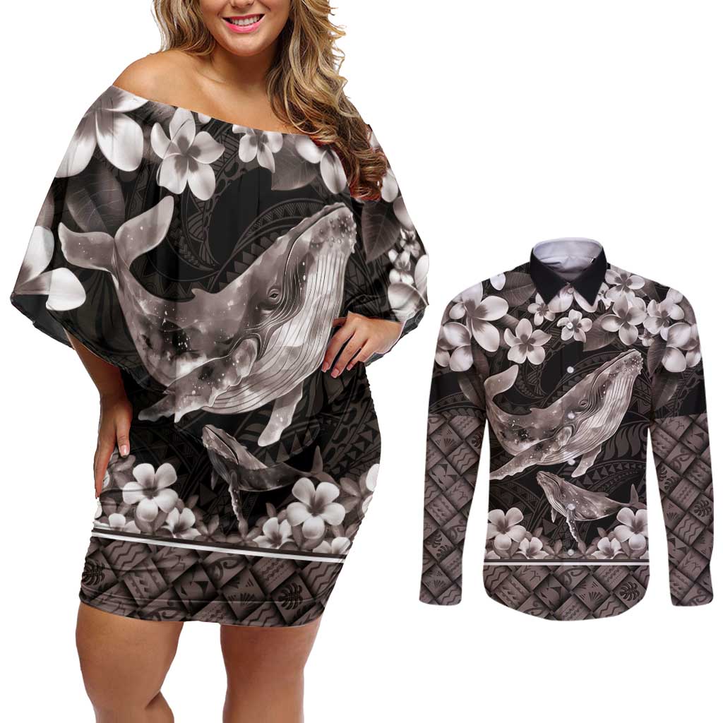Hawaiian Plumeria and Humpback Whales Couples Matching Off Shoulder Short Dress and Long Sleeve Button Shirt Polynerian Art Tattoo-Grayscale Mode