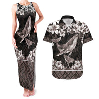 Hawaiian Plumeria and Humpback Whales Couples Matching Tank Maxi Dress and Hawaiian Shirt Polynerian Art Tattoo-Grayscale Mode