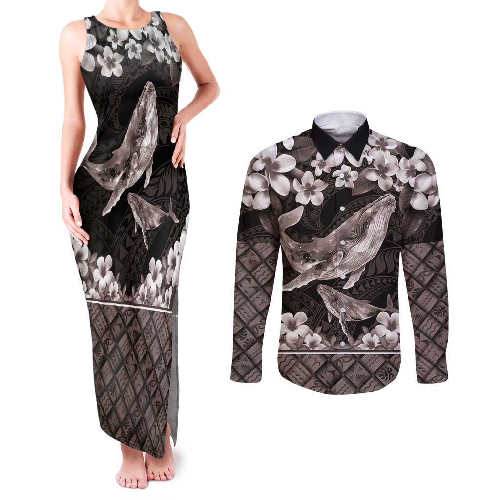 Hawaiian Plumeria and Humpback Whales Couples Matching Tank Maxi Dress and Long Sleeve Button Shirt Polynerian Art Tattoo-Grayscale Mode