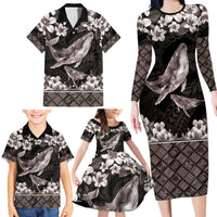 Hawaiian Plumeria and Humpback Whales Family Matching Long Sleeve Bodycon Dress and Hawaiian Shirt Polynerian Art Tattoo-Grayscale Mode