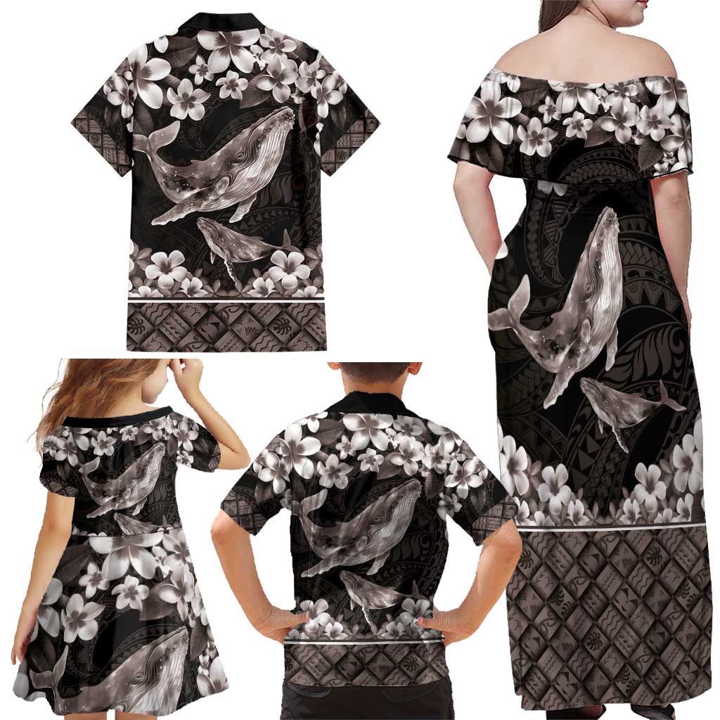 Hawaiian Plumeria and Humpback Whales Family Matching Off Shoulder Maxi Dress and Hawaiian Shirt Polynerian Art Tattoo-Grayscale Mode