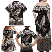 Hawaiian Plumeria and Humpback Whales Family Matching Off Shoulder Maxi Dress and Hawaiian Shirt Polynerian Art Tattoo-Grayscale Mode