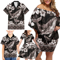 Hawaiian Plumeria and Humpback Whales Family Matching Off Shoulder Short Dress and Hawaiian Shirt Polynerian Art Tattoo-Grayscale Mode