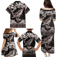 Hawaiian Plumeria and Humpback Whales Family Matching Puletasi and Hawaiian Shirt Polynerian Art Tattoo-Grayscale Mode