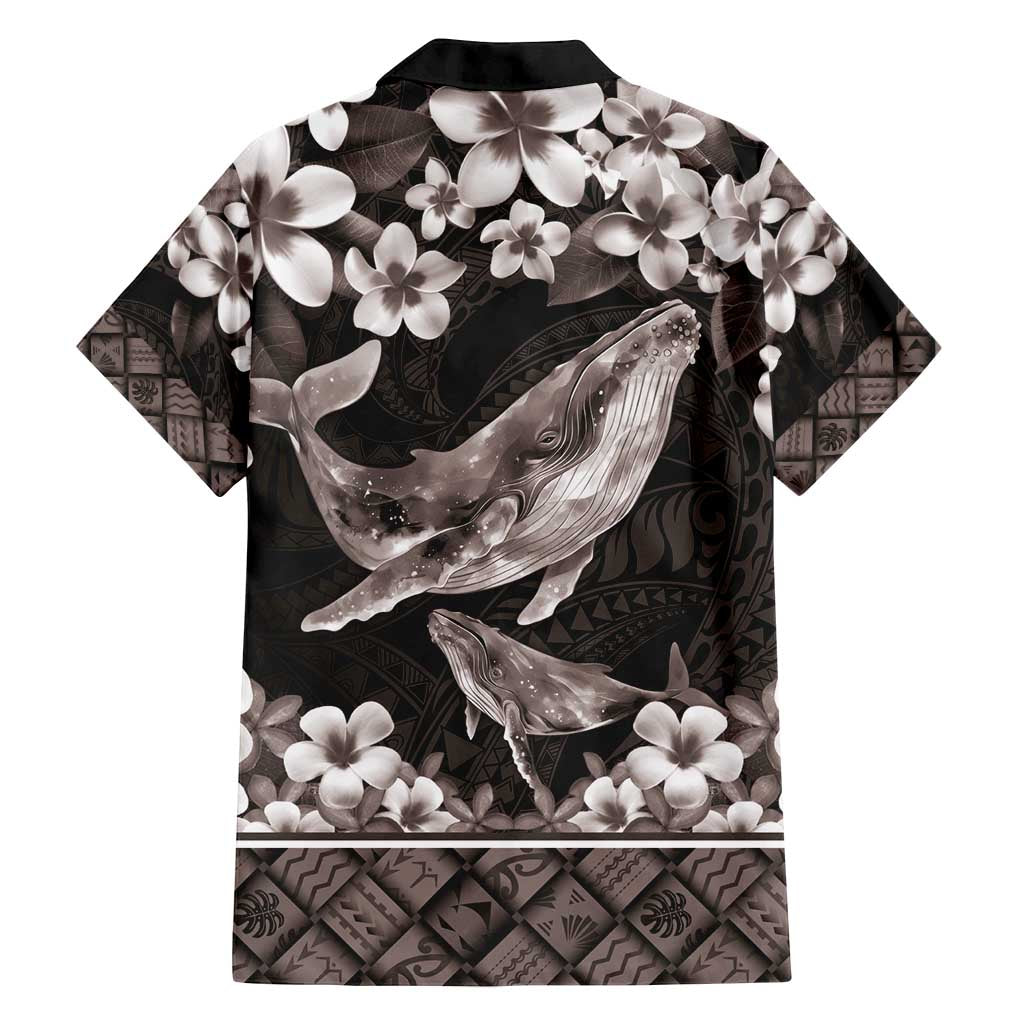 Hawaiian Plumeria and Humpback Whales Family Matching Puletasi and Hawaiian Shirt Polynerian Art Tattoo-Grayscale Mode
