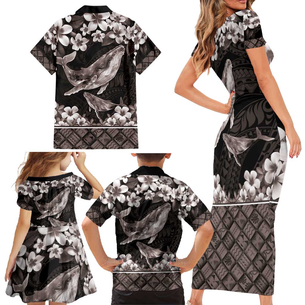 Hawaiian Plumeria and Humpback Whales Family Matching Short Sleeve Bodycon Dress and Hawaiian Shirt Polynerian Art Tattoo-Grayscale Mode
