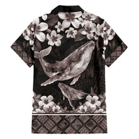 Hawaiian Plumeria and Humpback Whales Family Matching Short Sleeve Bodycon Dress and Hawaiian Shirt Polynerian Art Tattoo-Grayscale Mode
