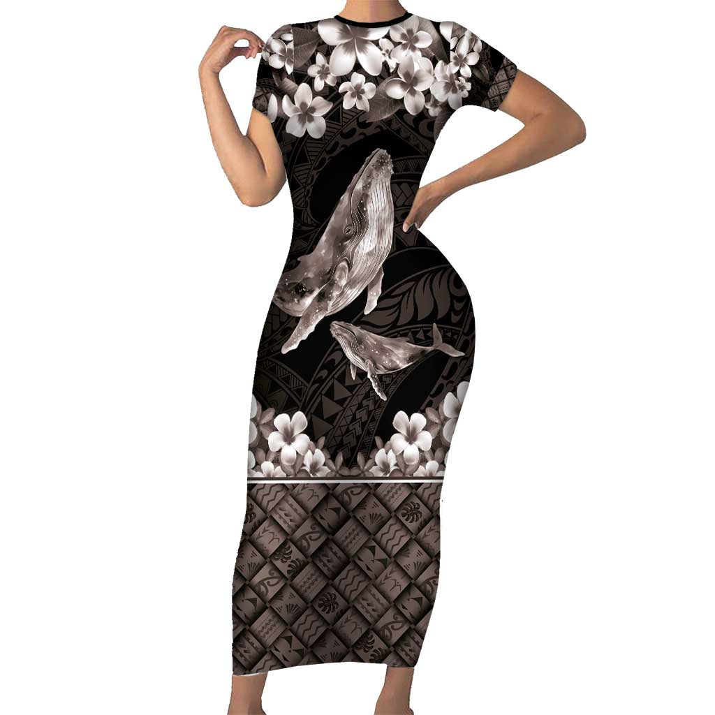 Hawaiian Plumeria and Humpback Whales Family Matching Short Sleeve Bodycon Dress and Hawaiian Shirt Polynerian Art Tattoo-Grayscale Mode