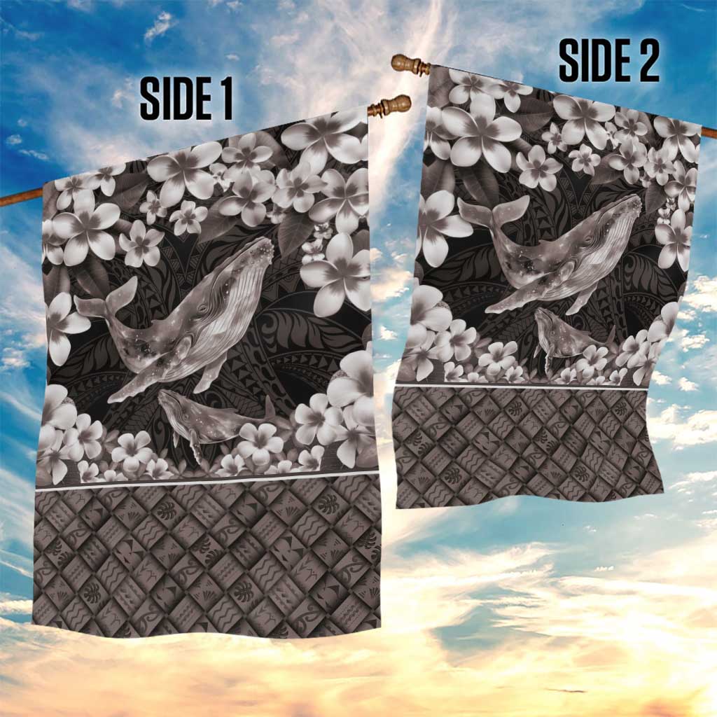 Hawaiian Plumeria and Humpback Whales Garden Flag Polynerian Art Tattoo-Grayscale Mode