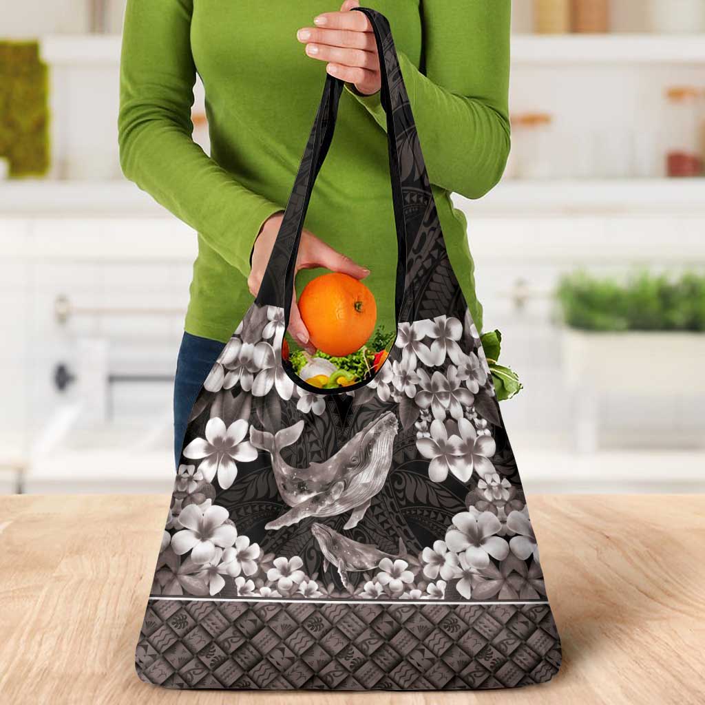 Hawaiian Plumeria and Humpback Whales Grocery Bag Polynerian Art Tattoo-Grayscale Mode