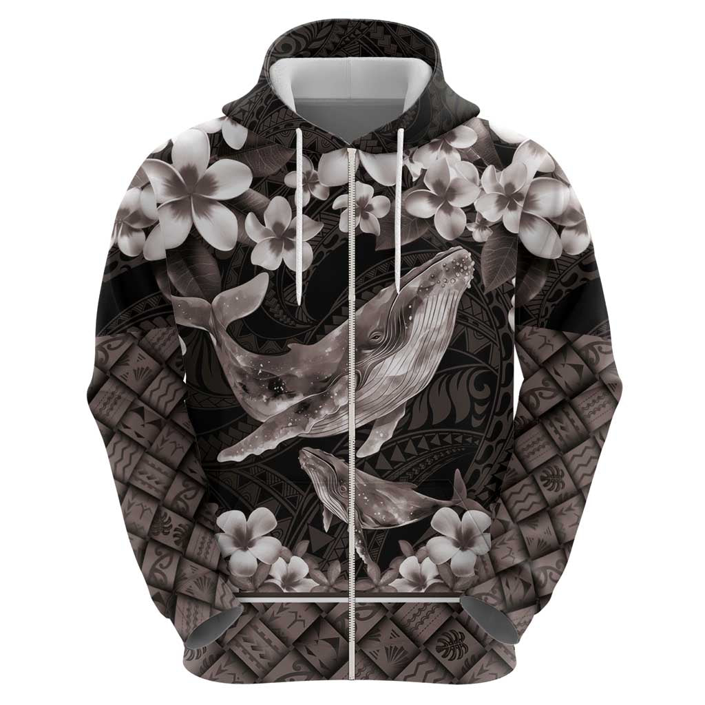 Hawaiian Plumeria and Humpback Whales Hoodie Polynerian Art Tattoo-Grayscale Mode