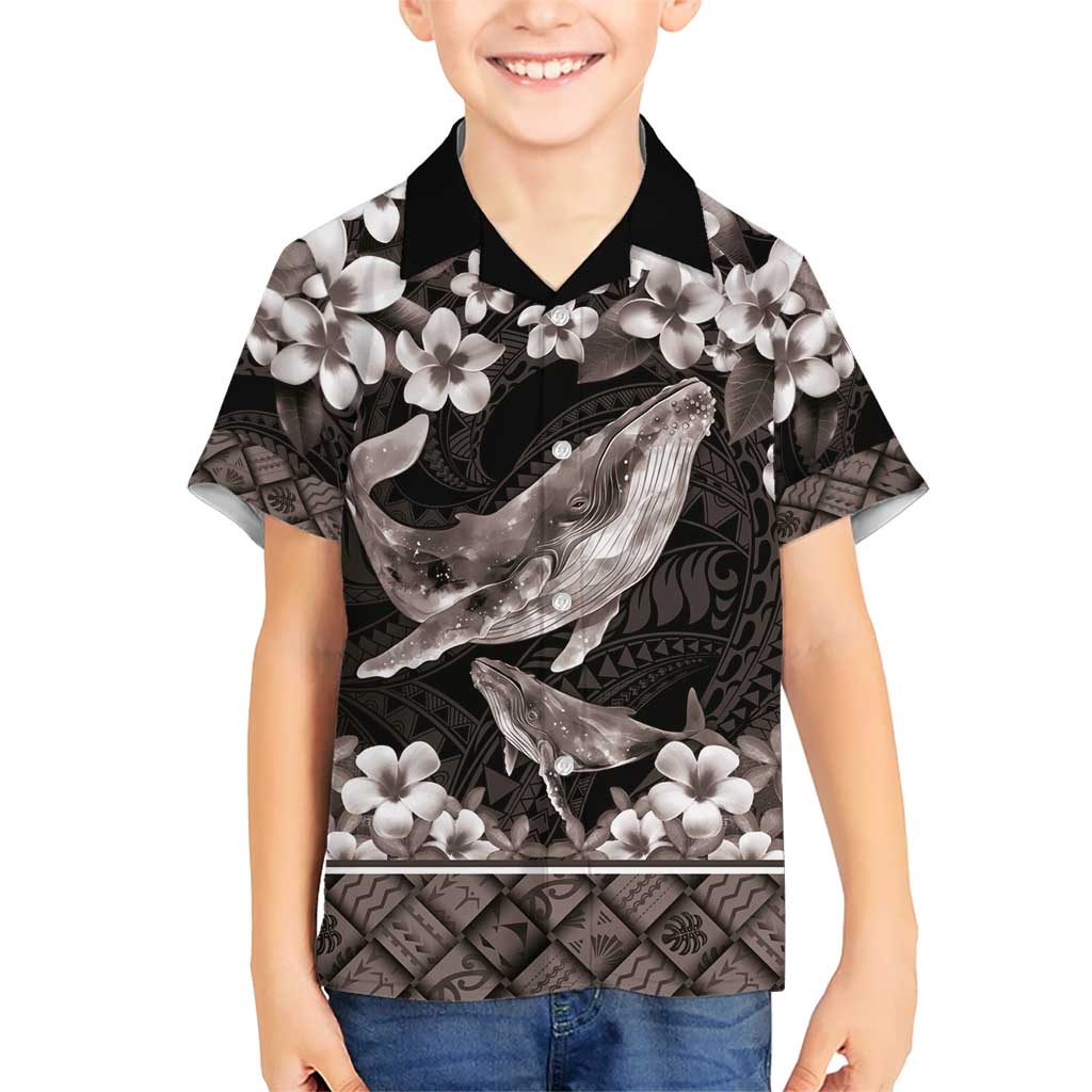 Hawaiian Plumeria and Humpback Whales Kid Hawaiian Shirt Polynerian Art Tattoo-Grayscale Mode LT03 Kid Black - Polynesian Pride