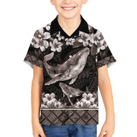 Hawaiian Plumeria and Humpback Whales Kid Hawaiian Shirt Polynerian Art Tattoo-Grayscale Mode LT03 Kid Black - Polynesian Pride