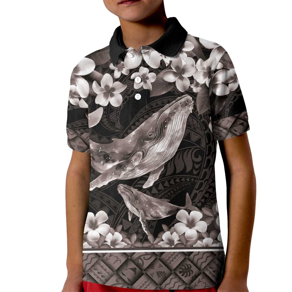 Hawaiian Plumeria and Humpback Whales Kid Polo Shirt Polynerian Art Tattoo-Grayscale Mode LT03 Kid Black - Polynesian Pride