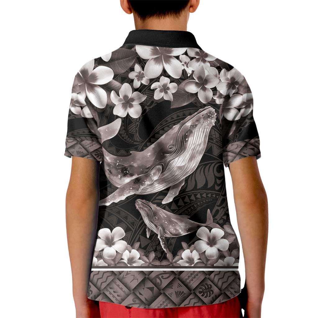 Hawaiian Plumeria and Humpback Whales Kid Polo Shirt Polynerian Art Tattoo-Grayscale Mode LT03 - Polynesian Pride
