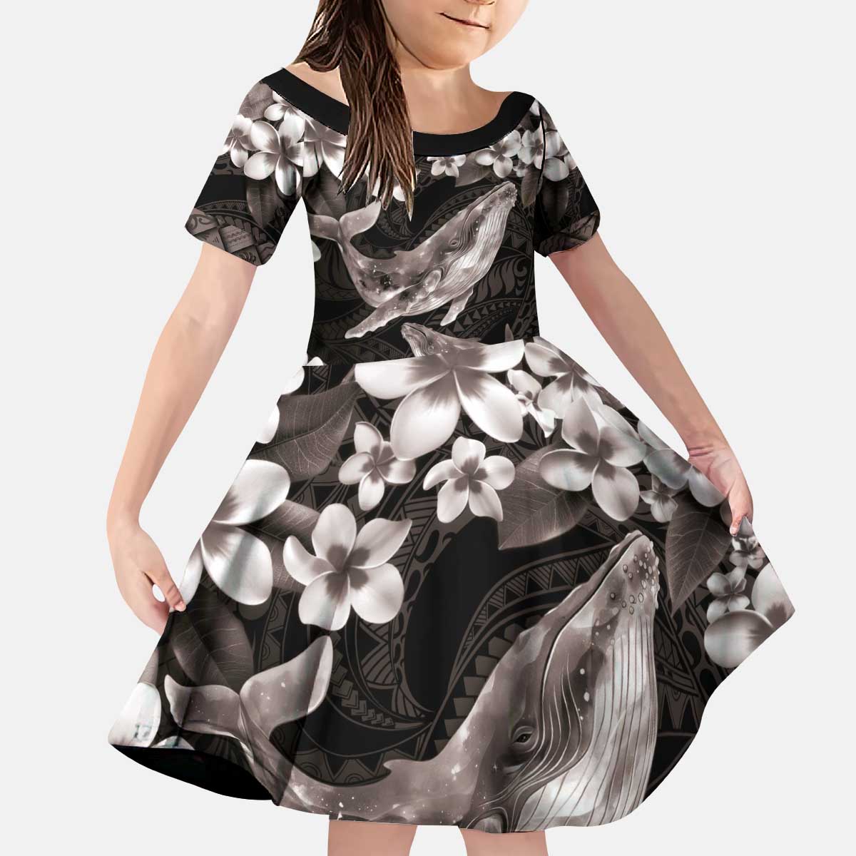 Hawaiian Plumeria and Humpback Whales Kid Short Sleeve Dress Polynerian Art Tattoo-Grayscale Mode