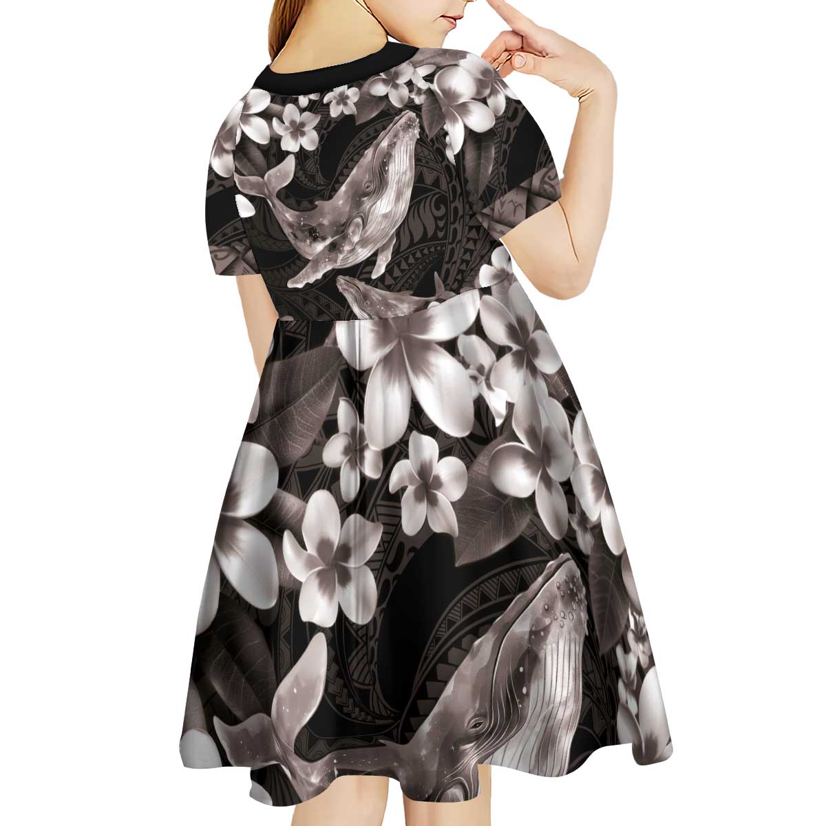 Hawaiian Plumeria and Humpback Whales Kid Short Sleeve Dress Polynerian Art Tattoo-Grayscale Mode LT03 - Polynesian Pride