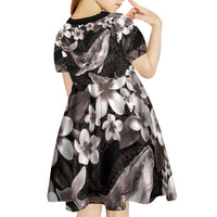 Hawaiian Plumeria and Humpback Whales Kid Short Sleeve Dress Polynerian Art Tattoo-Grayscale Mode LT03 - Polynesian Pride