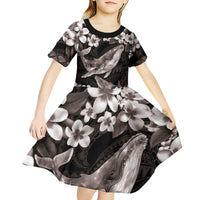 Hawaiian Plumeria and Humpback Whales Kid Short Sleeve Dress Polynerian Art Tattoo-Grayscale Mode LT03 - Polynesian Pride