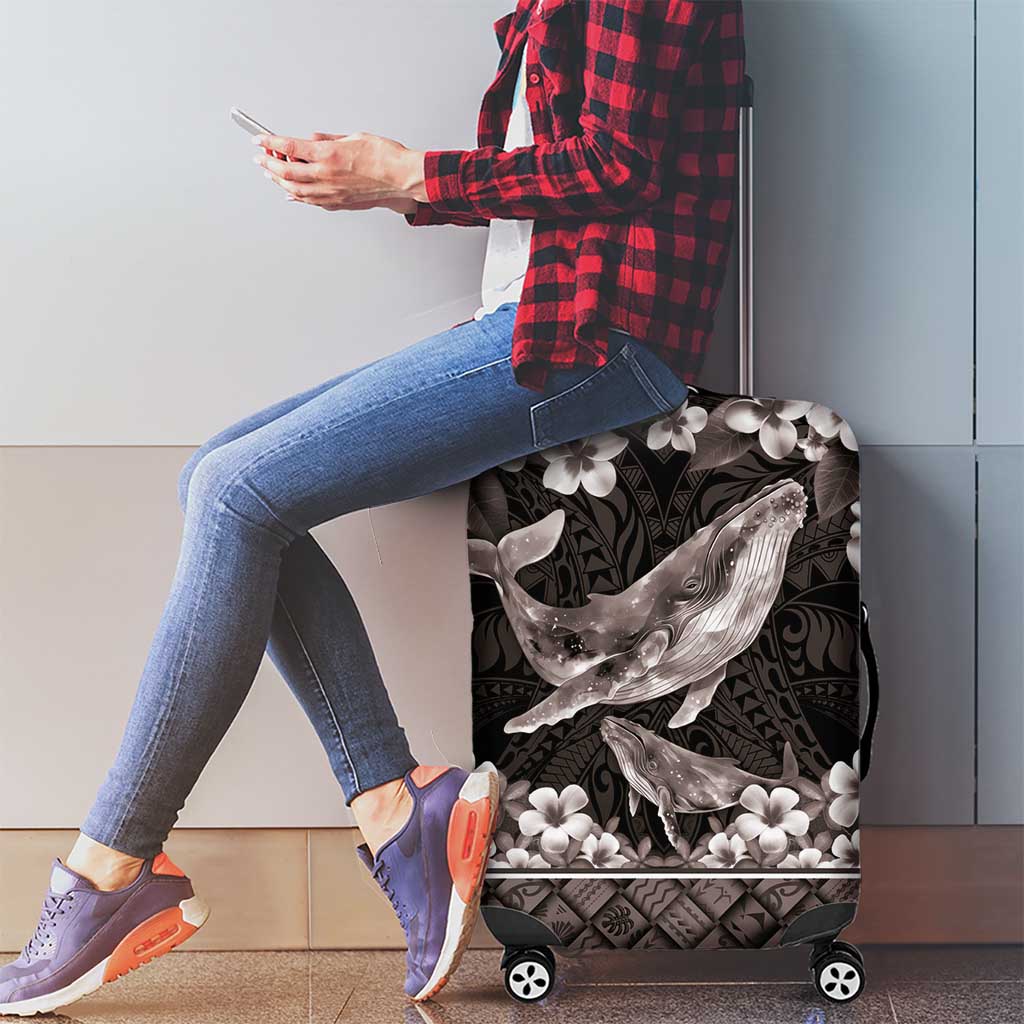 Hawaiian Plumeria and Humpback Whales Luggage Cover Polynerian Art Tattoo-Grayscale Mode