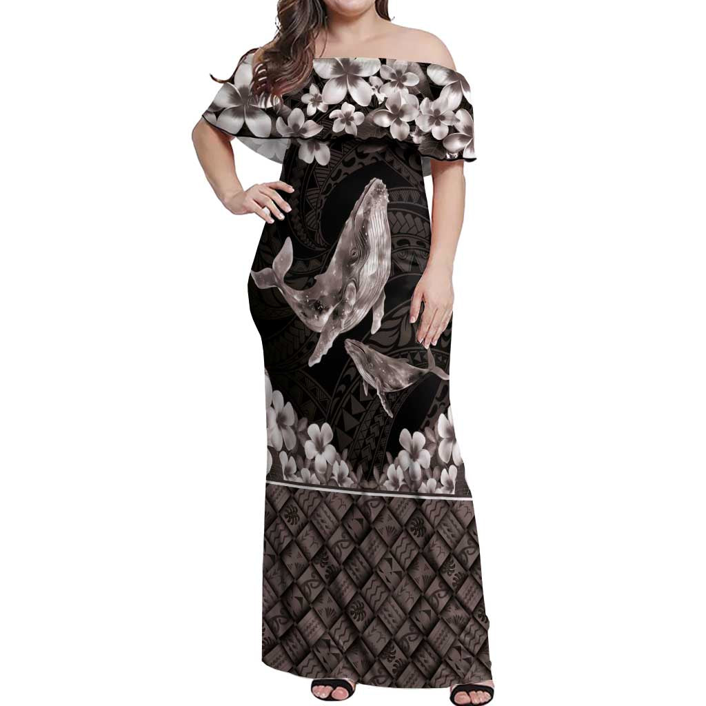 Hawaiian Plumeria and Humpback Whales Off Shoulder Maxi Dress Polynerian Art Tattoo-Grayscale Mode LT03 Women Black - Polynesian Pride