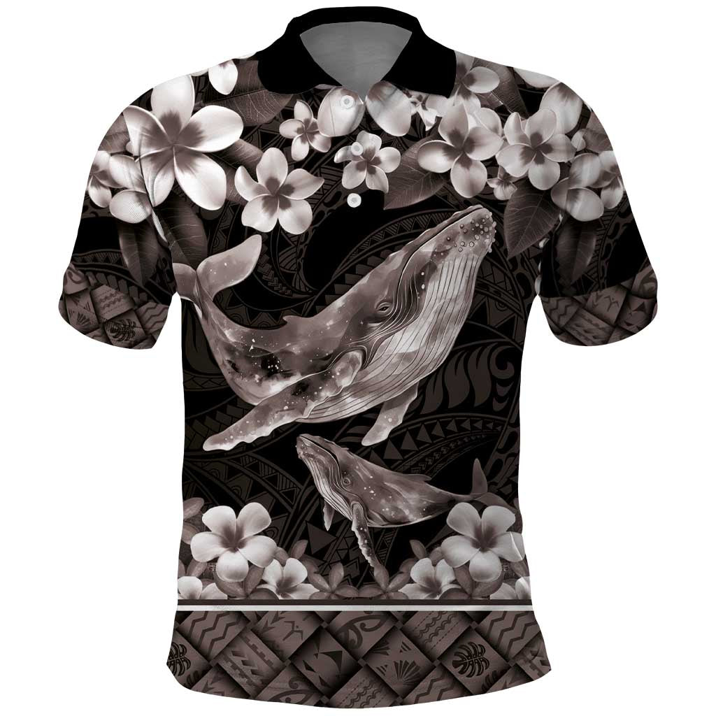 Hawaiian Plumeria and Humpback Whales Polo Shirt Polynerian Art Tattoo-Grayscale Mode