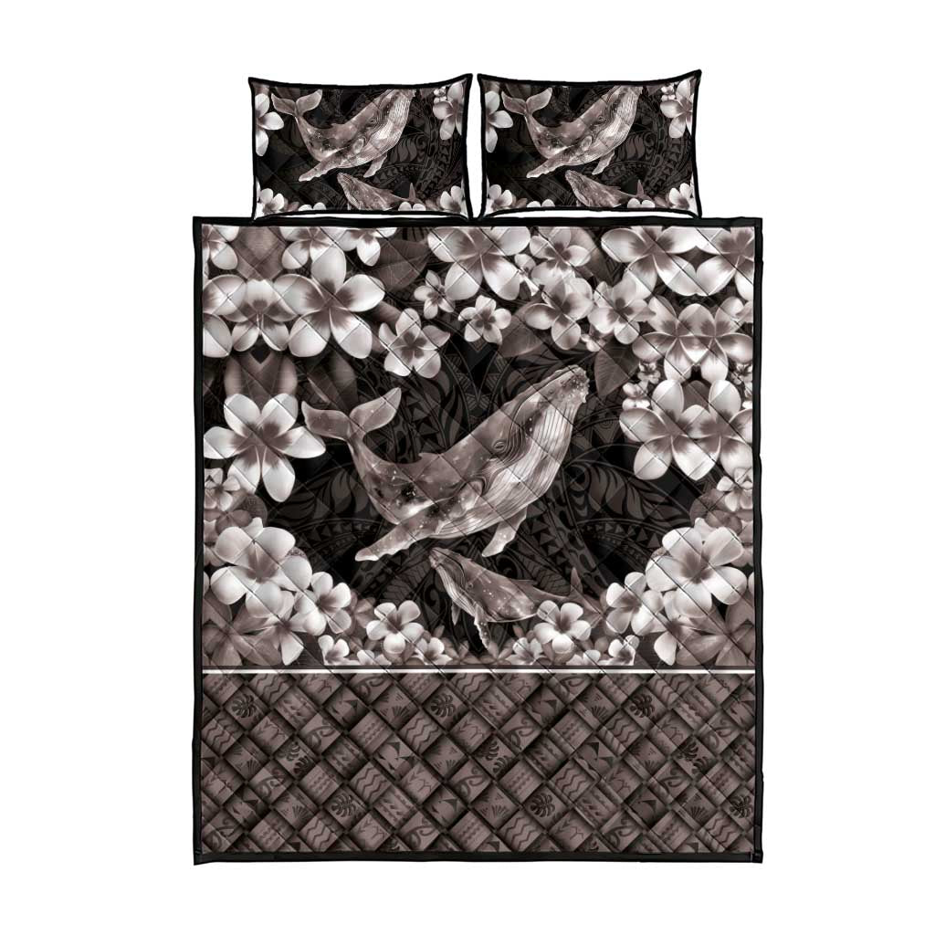 Hawaiian Plumeria and Humpback Whales Quilt Bed Set Polynerian Art Tattoo-Grayscale Mode