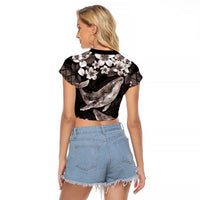 Hawaiian Plumeria and Humpback Whales Raglan Cropped T Shirt Polynerian Art Tattoo-Grayscale Mode LT03 - Polynesian Pride