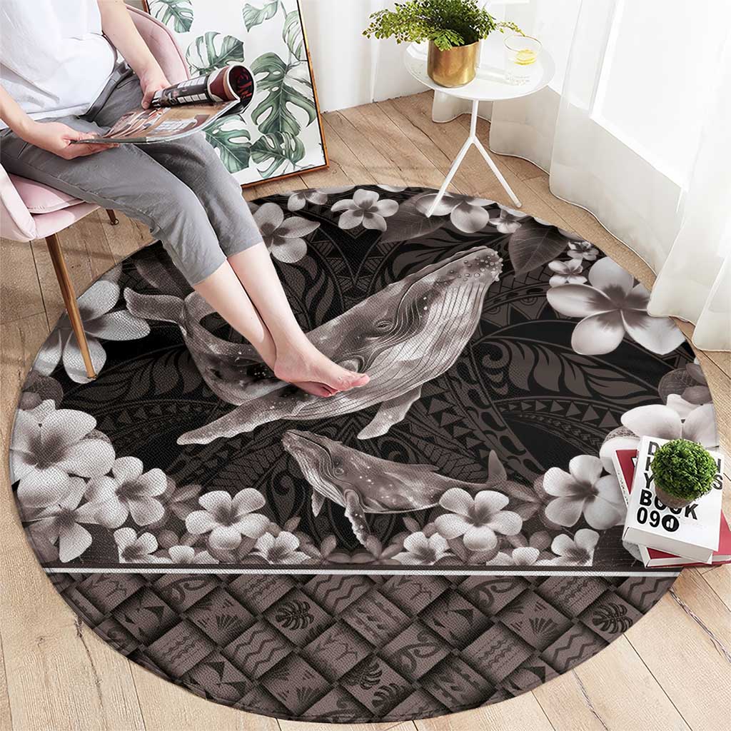 Hawaiian Plumeria and Humpback Whales Round Carpet Polynerian Art Tattoo-Grayscale Mode LT03 - Polynesian Pride